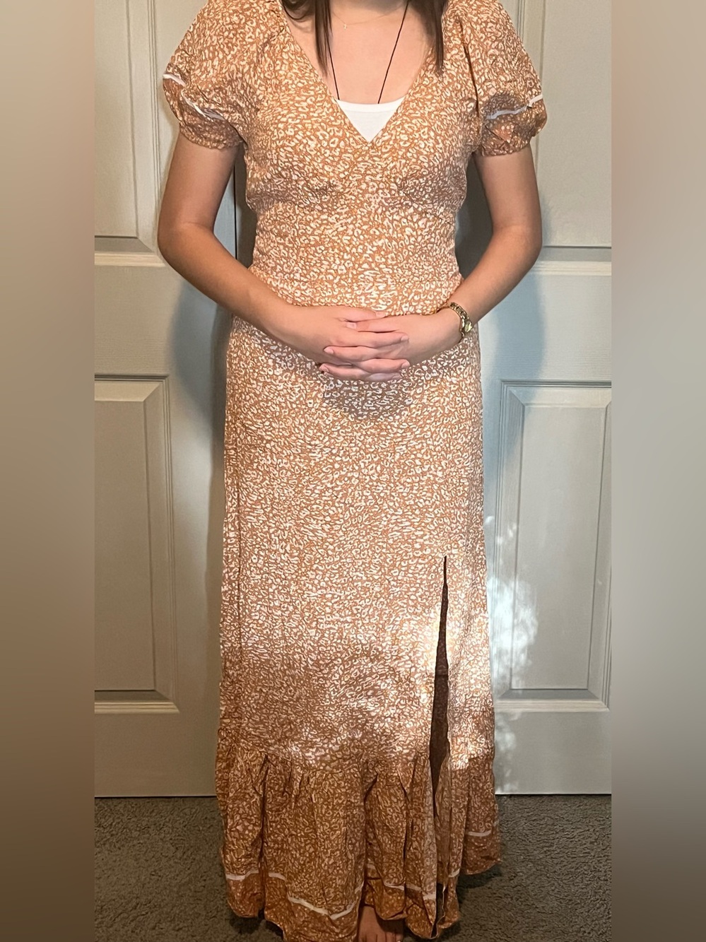 lovestitch Cream and Tan Floral Maxi Dress with V-Neck and Side Slit